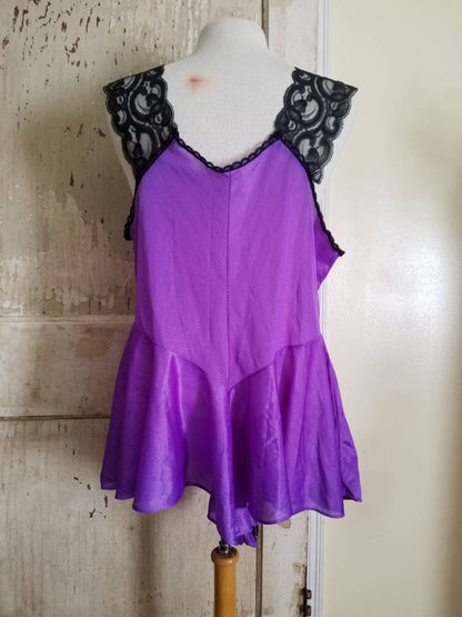 Vintage teddy, lingerie, purple, black, 42, lace, sexy, 70s, nylon, romper, babydoll, racy, plunge, sheer, honeymoon, wedding, romantic