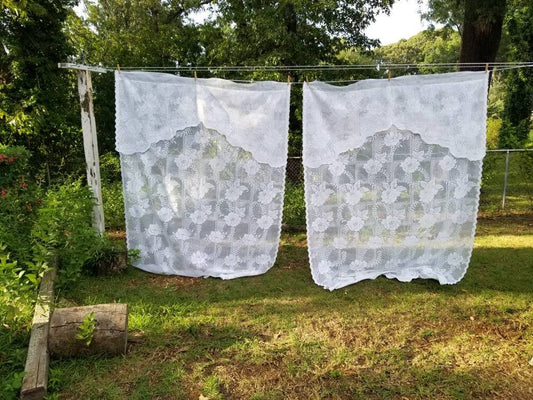 SALE Vintage curtains, lace, white, floral, stiff, set of 2, panels, granny chic, shabby chic, cottage core, valance, swag, tiered, trellis, vine