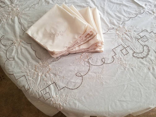 SALE Vintage tablecloth, set of 13, napkins, pink, embroidered, floral, granny chic, shabby chic, cottage core, farmhouse, European, romantic