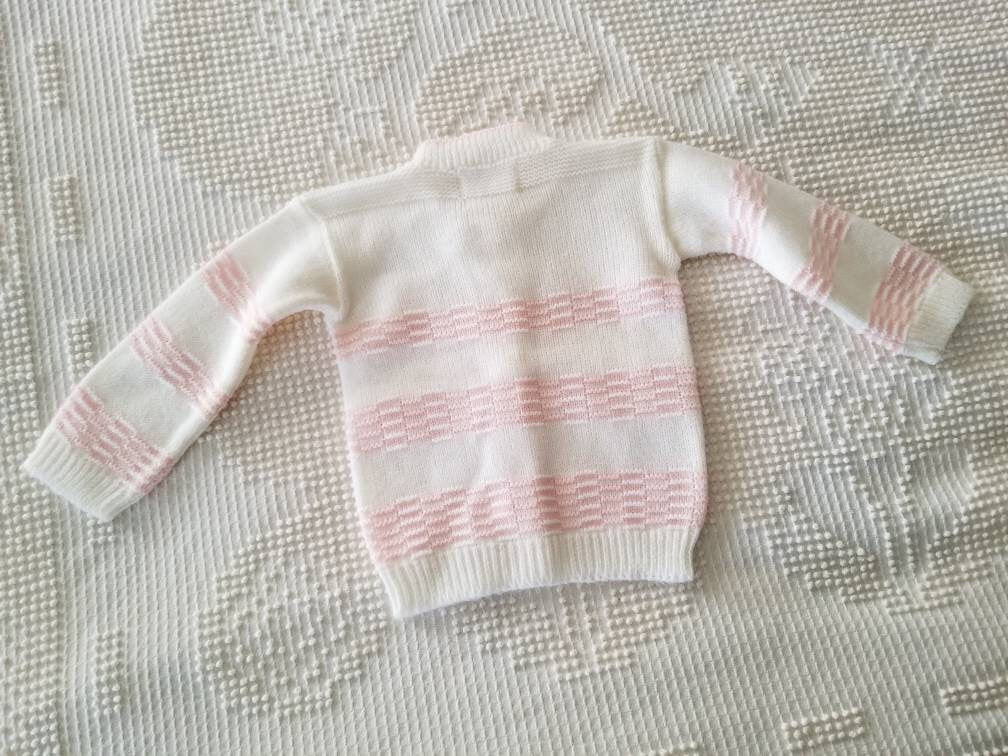 SALE Vintage cardigan, sweater, button up front, white, pink, 6-9m, girl, long sleeves, crew neck, ribbed, acrylic, baby, infant, fall, winter