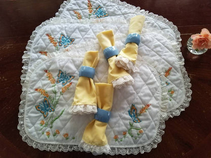 Vintage table setting, placemats, napkins, napkin rings, embroidered, set of 12, lace, floral, handmade, yellow blue white, granny chic, 70s