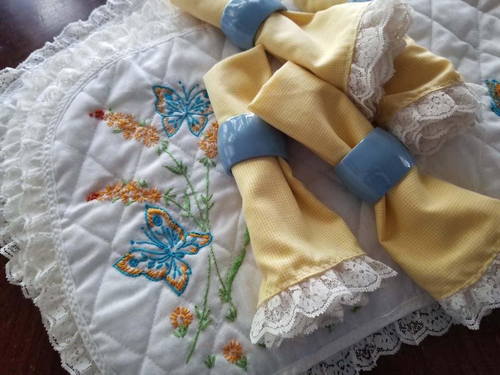 Vintage table setting, placemats, napkins, napkin rings, embroidered, set of 12, lace, floral, handmade, yellow blue white, granny chic, 70s