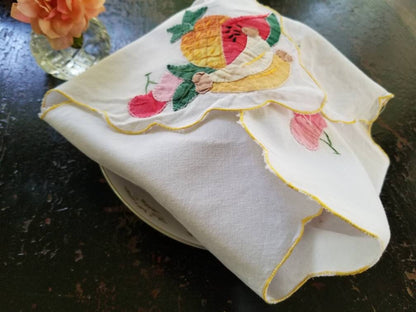 SALE Vintage bread liner, bread warmer, embroidered, fruit, applique, dinner rolls, muffins, cookies, cover cloth, wrap, table linen, granny chic