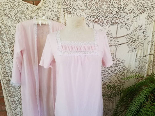 Vintage peignoir set, Spotlight, medium, pink, nightgown, robe, pair, soft, lace trim, long, maxi, ankle length, granny chic, sleeves, cozy