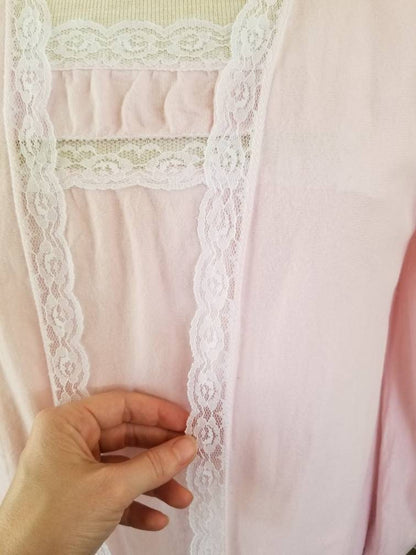 Vintage peignoir set, Spotlight, medium, pink, nightgown, robe, pair, soft, lace trim, long, maxi, ankle length, granny chic, sleeves, cozy