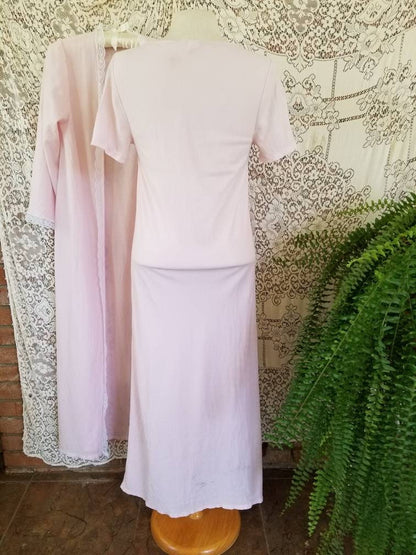 Vintage peignoir set, Spotlight, medium, pink, nightgown, robe, pair, soft, lace trim, long, maxi, ankle length, granny chic, sleeves, cozy