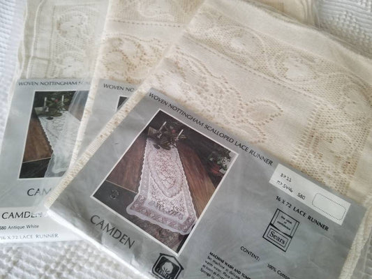 SALE Vintage lace runner, Sears, table linen, granny chic, shabby chic, cottage core, NIP NOS, floral, new unused, 16 x 72, antique white, cotton