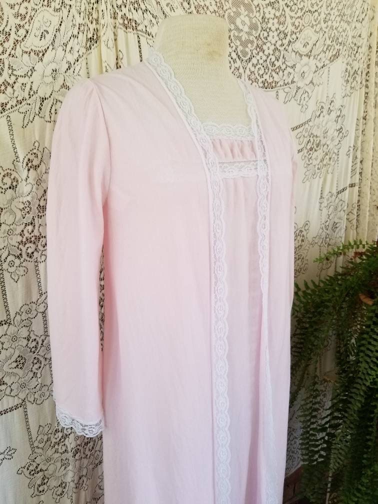 Vintage peignoir set, Spotlight, medium, pink, nightgown, robe, pair, soft, lace trim, long, maxi, ankle length, granny chic, sleeves, cozy