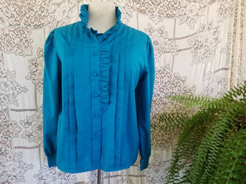 Vintage blouse, Josephine, 14, teal, long sleeves, vibrant, 70s, button up front, pleated, ruffled collar, puff sleeves, covered buttons