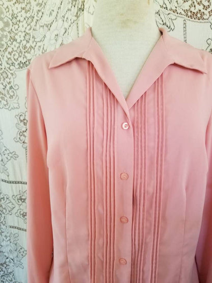 Vintage blouse, pink, long sleeves, straight collar, pleated, button up front, polyester, casual, fancy dressy, M L, 80s, layer, bust seams