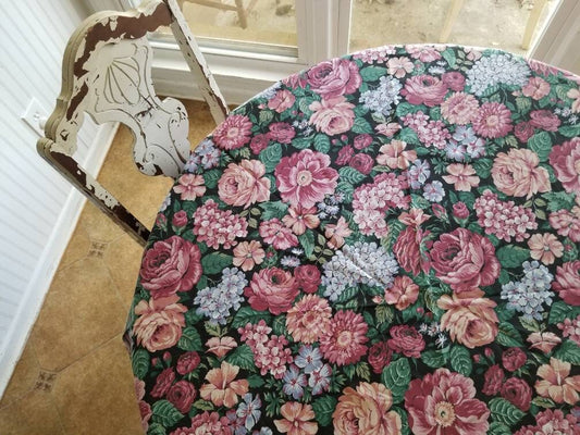 SALE Vintage tablecloth, handmade, hand sewn, floral, 80s, 70 round, circle, shabby chic, granny chic, cottage core, country, rose, hydrangea