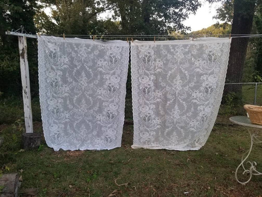 SALE Vintage curtains, JC Penney, set of 2, panels, floral, white, lace, shabby chic, granny chic, Victorian, cottage core, 85", romantic