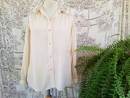 Vintage blouse, Evan Picone, butter yellow, pale, pastel, long sleeves, straight collar, button up front, fancy, dressy, casual, simple, 70s