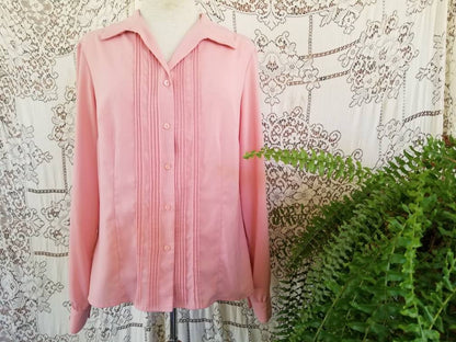 Vintage blouse, pink, long sleeves, straight collar, pleated, button up front, polyester, casual, fancy dressy, M L, 80s, layer, bust seams