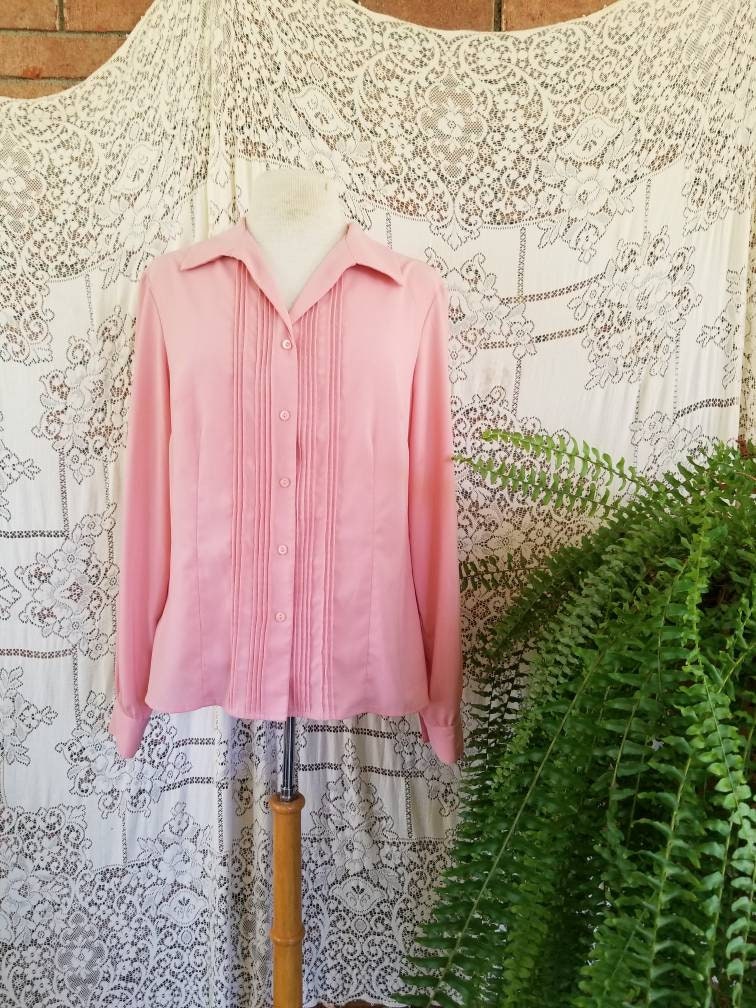 Vintage blouse, pink, long sleeves, straight collar, pleated, button up front, polyester, casual, fancy dressy, M L, 80s, layer, bust seams