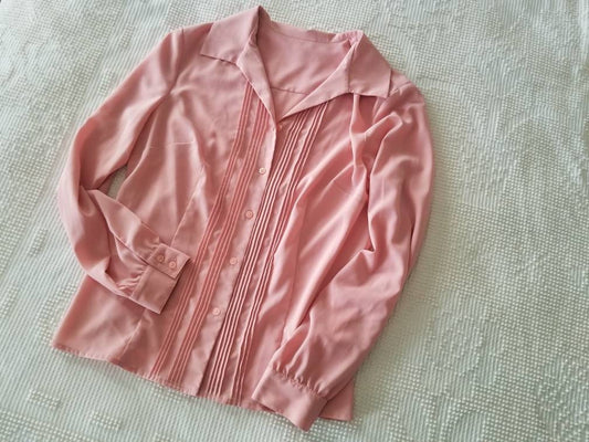 Vintage blouse, pink, long sleeves, straight collar, pleated, button up front, polyester, casual, fancy dressy, M L, 80s, layer, bust seams