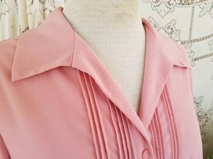 Vintage blouse, pink, long sleeves, straight collar, pleated, button up front, polyester, casual, fancy dressy, M L, 80s, layer, bust seams