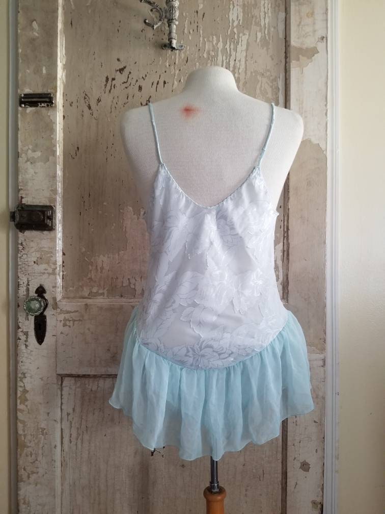 Vintage lingerie, teddy, Ralph Montero for Blanche, large, spaghetti straps, pale blue, pastel, floral, ruffle, boudoir, sexy, scoop neck