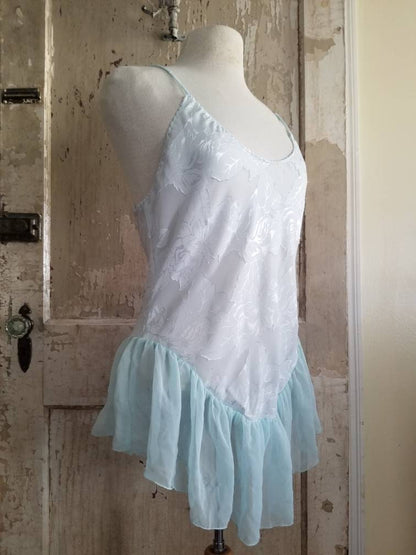 Vintage lingerie, teddy, Ralph Montero for Blanche, large, spaghetti straps, pale blue, pastel, floral, ruffle, boudoir, sexy, scoop neck