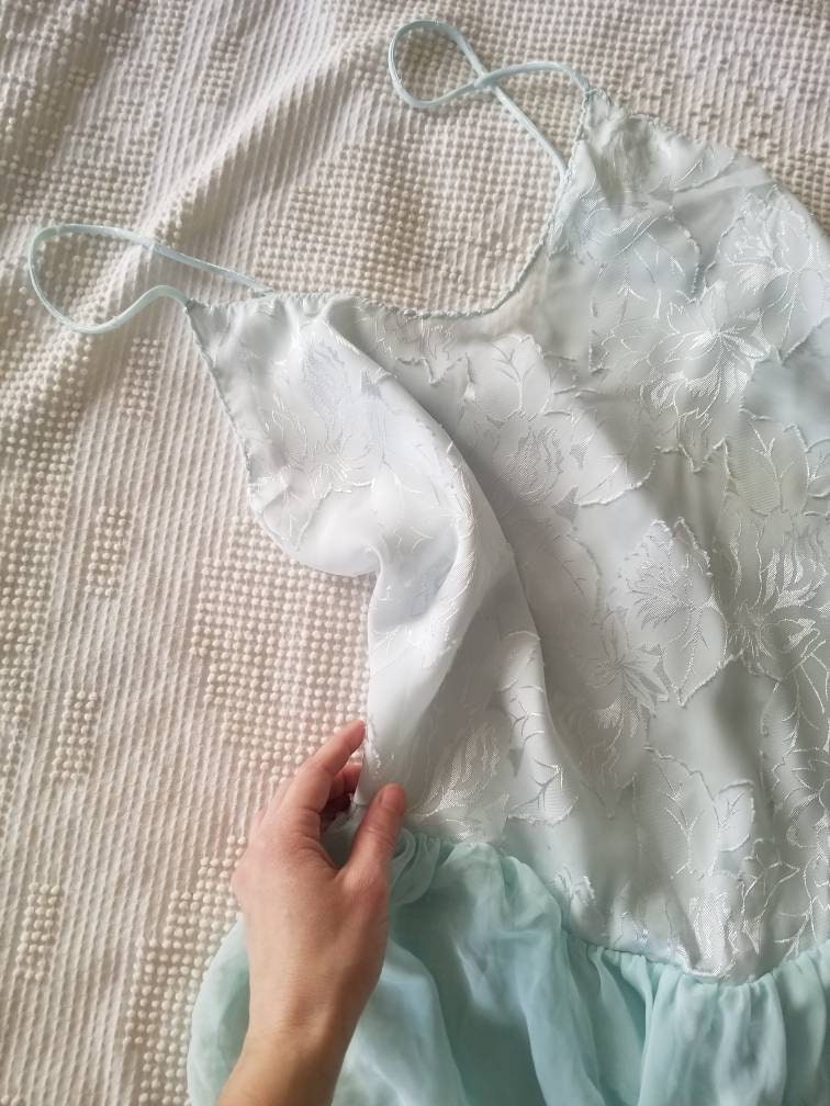 Vintage lingerie, teddy, Ralph Montero for Blanche, large, spaghetti straps, pale blue, pastel, floral, ruffle, boudoir, sexy, scoop neck