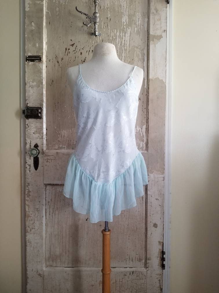 Vintage lingerie, teddy, Ralph Montero for Blanche, large, spaghetti straps, pale blue, pastel, floral, ruffle, boudoir, sexy, scoop neck