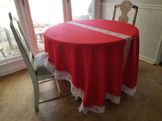 SALE Vintage tablecloth, handmade, 70s, red, white, festive, holiday, Christmas, Hanukkah, Kwanzaa, seasonal, lace, simple, retro, rectangle