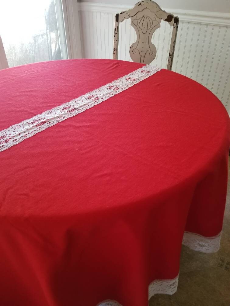 SALE Vintage tablecloth, handmade, 70s, red, white, festive, holiday, Christmas, Hanukkah, Kwanzaa, seasonal, lace, simple, retro, rectangle