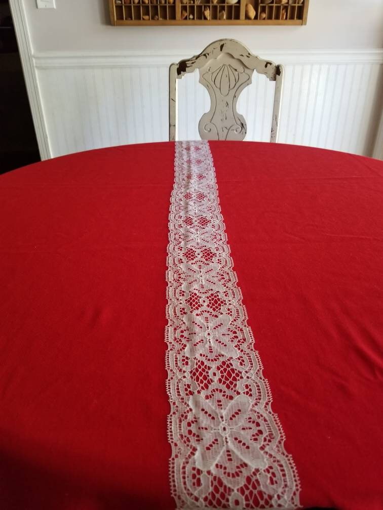 SALE Vintage tablecloth, handmade, 70s, red, white, festive, holiday, Christmas, Hanukkah, Kwanzaa, seasonal, lace, simple, retro, rectangle