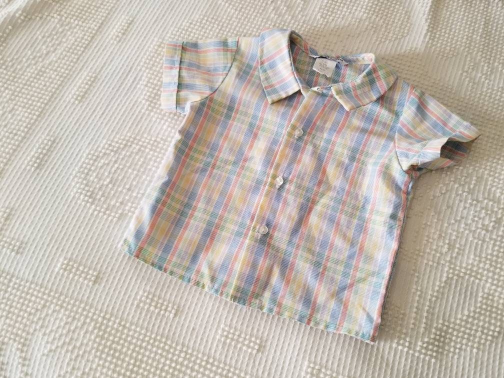 SALE Vintage shirt, Little Goodies by Good Lad, 18m, button up front, short sleeves, gender neutral, stripes, rainbow, boy, girl, baby, plaid