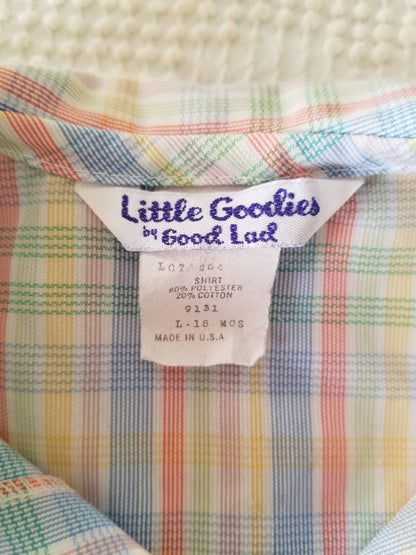 SALE Vintage shirt, Little Goodies by Good Lad, 18m, button up front, short sleeves, gender neutral, stripes, rainbow, boy, girl, baby, plaid