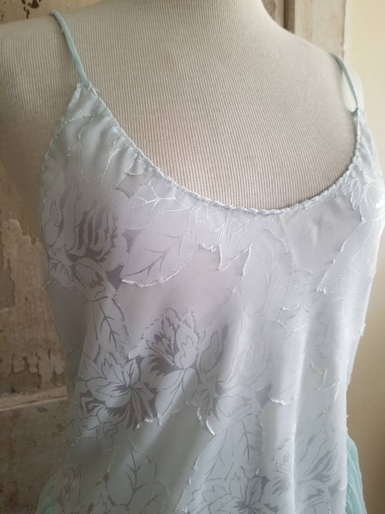 Vintage lingerie, teddy, Ralph Montero for Blanche, large, spaghetti straps, pale blue, pastel, floral, ruffle, boudoir, sexy, scoop neck