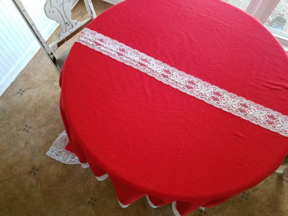 SALE Vintage tablecloth, handmade, 70s, red, white, festive, holiday, Christmas, Hanukkah, Kwanzaa, seasonal, lace, simple, retro, rectangle