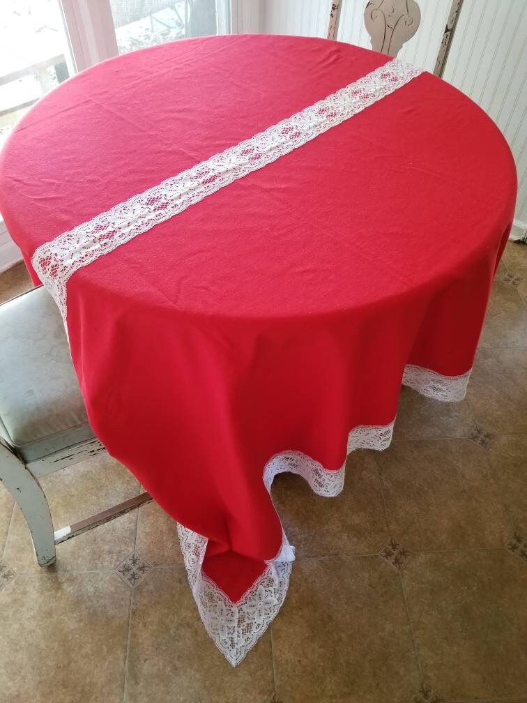 SALE Vintage tablecloth, handmade, 70s, red, white, festive, holiday, Christmas, Hanukkah, Kwanzaa, seasonal, lace, simple, retro, rectangle