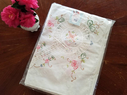 SALE Vintage table linens, tablecloth, napkins, set of 13, embroidered, floral, white, lace, handmade, NIP, NOS, granny chic, shabby chic, unused