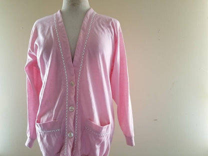 SALE Vintage cardigan, Jantzen Classics, S, pink, long sleeves, pockets, button up, sweater, white trim, granny chic, 80s 90s, polycotton, v neck