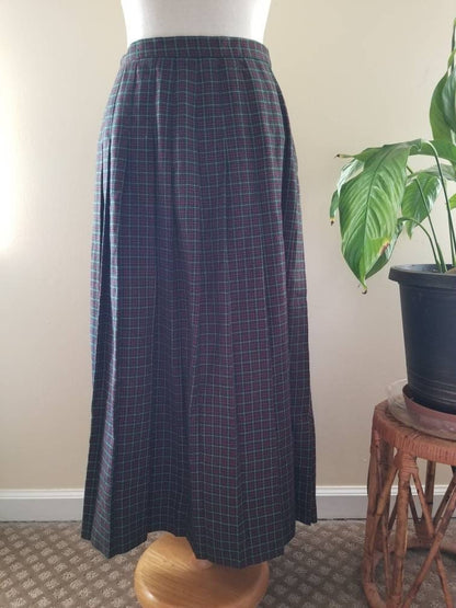 SALE Vintage plaid skirt, Susan Bristol, 10, red, green, yellow, tartan, pleated, ankle length, maxi, Christmas, elastic, zipper, buttons, a line