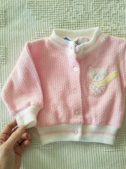 SALE Vintage cardigan, Small Steps, 6/9m, baby, infant, girl, long sleeves, button up, knit, cat, pink, acrylic, embroidered, applique, 80s