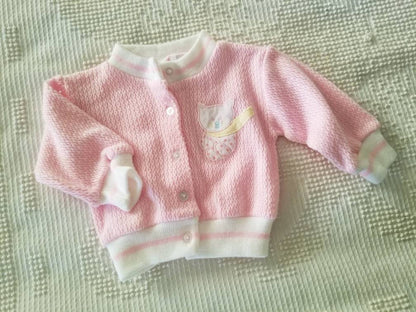 SALE Vintage cardigan, Small Steps, 6/9m, baby, infant, girl, long sleeves, button up, knit, cat, pink, acrylic, embroidered, applique, 80s