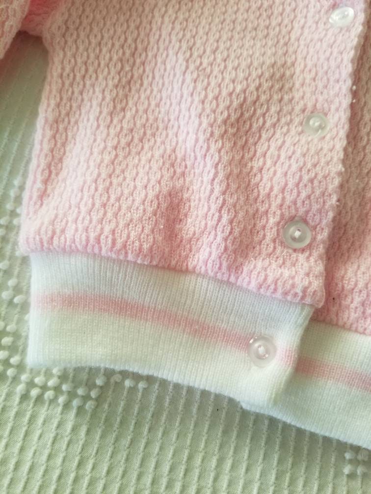 SALE Vintage cardigan, Small Steps, 6/9m, baby, infant, girl, long sleeves, button up, knit, cat, pink, acrylic, embroidered, applique, 80s