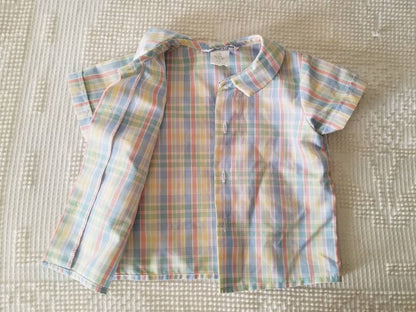 SALE Vintage shirt, Little Goodies by Good Lad, 18m, button up front, short sleeves, gender neutral, stripes, rainbow, boy, girl, baby, plaid