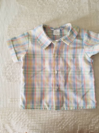 SALE Vintage shirt, Little Goodies by Good Lad, 18m, button up front, short sleeves, gender neutral, stripes, rainbow, boy, girl, baby, plaid