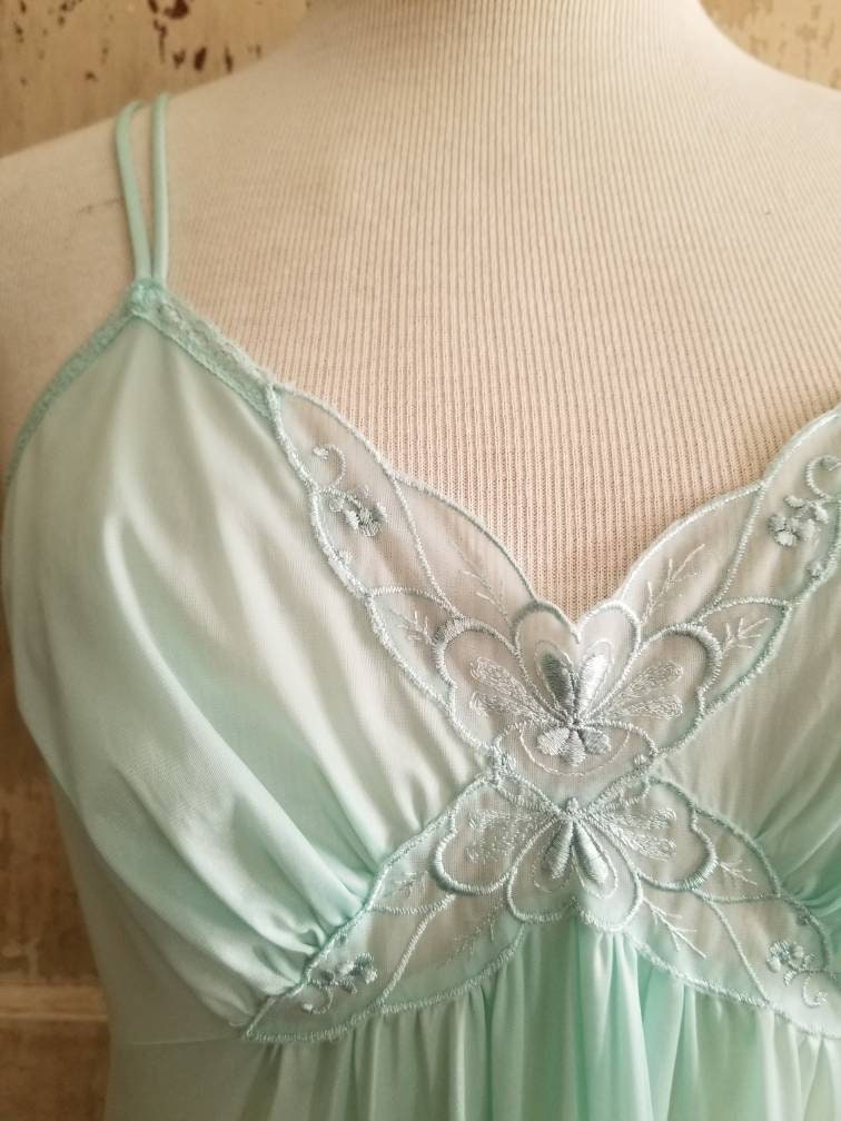 Vintage nightgown, JC Penney, medium, teal, aqua, long, ankle length, spaghetti straps, 70s goddess, criss cross, sexy, lace, embroidered