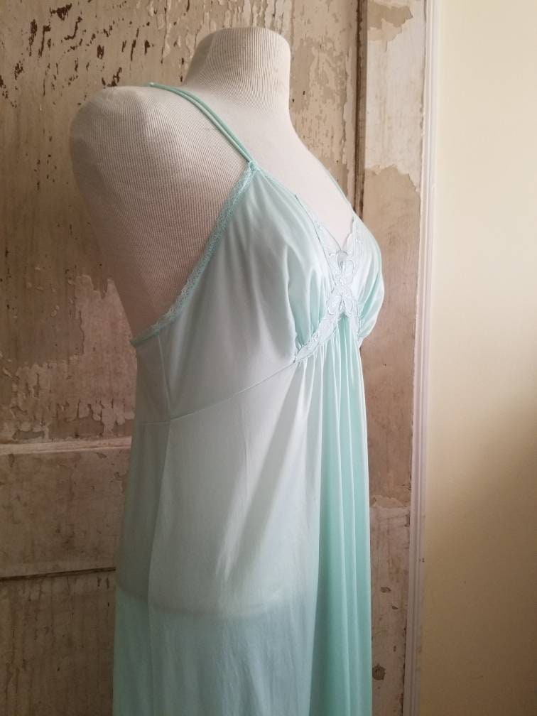 Vintage nightgown, JC Penney, medium, teal, aqua, long, ankle length, spaghetti straps, 70s goddess, criss cross, sexy, lace, embroidered