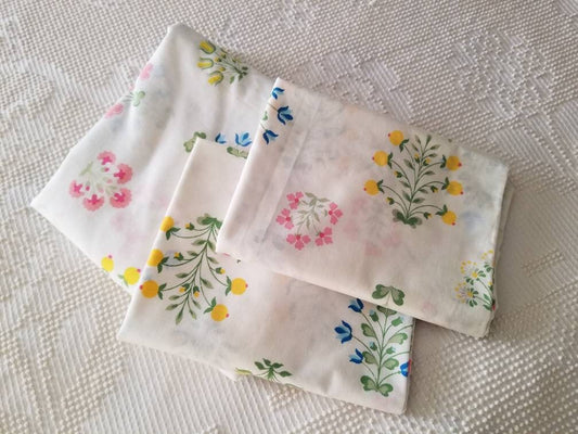 SALE Vintage floral sheets, Wamsutta, full, double, set of 3, flat, pillowcases, standard, bright, colorful, bouquets, mod, pink, blue, yellow