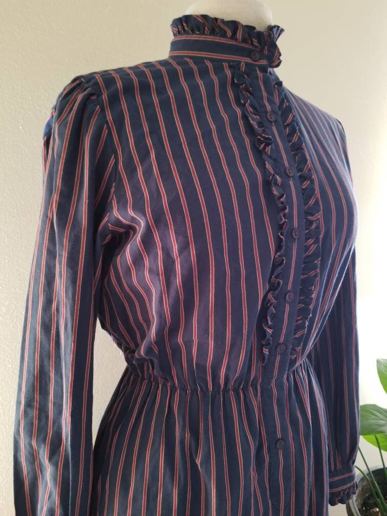 Vintage dress, Tanner, 10, 70s, long sleeves, button up, elastic waist. ruffle, navy, red, stripe, collar, pockets, casual, a line, workday