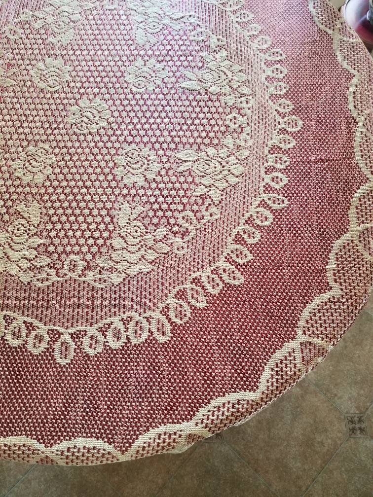 SALE Vintage tablecloth, red, gold, lace, floral, oval, oblong, 72 x 60, fancy, sparkle, boho, bohemian, reversible, ornate, holiday, festive