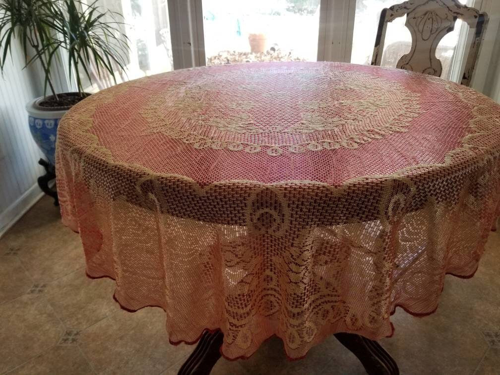 SALE Vintage tablecloth, red, gold, lace, floral, oval, oblong, 72 x 60, fancy, sparkle, boho, bohemian, reversible, ornate, holiday, festive