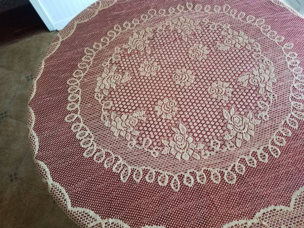 SALE Vintage tablecloth, red, gold, lace, floral, oval, oblong, 72 x 60, fancy, sparkle, boho, bohemian, reversible, ornate, holiday, festive