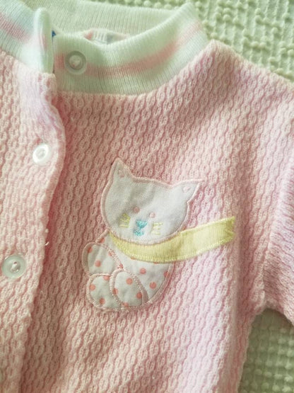 SALE Vintage cardigan, Small Steps, 6/9m, baby, infant, girl, long sleeves, button up, knit, cat, pink, acrylic, embroidered, applique, 80s