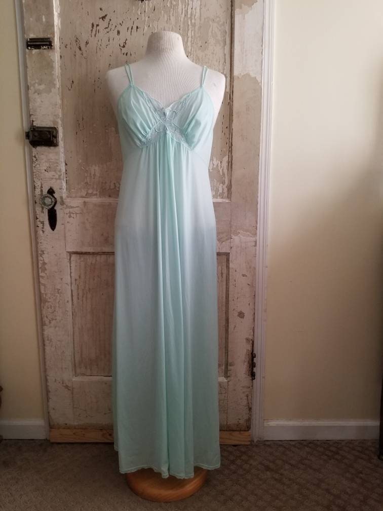 Vintage nightgown, JC Penney, medium, teal, aqua, long, ankle length, spaghetti straps, 70s goddess, criss cross, sexy, lace, embroidered